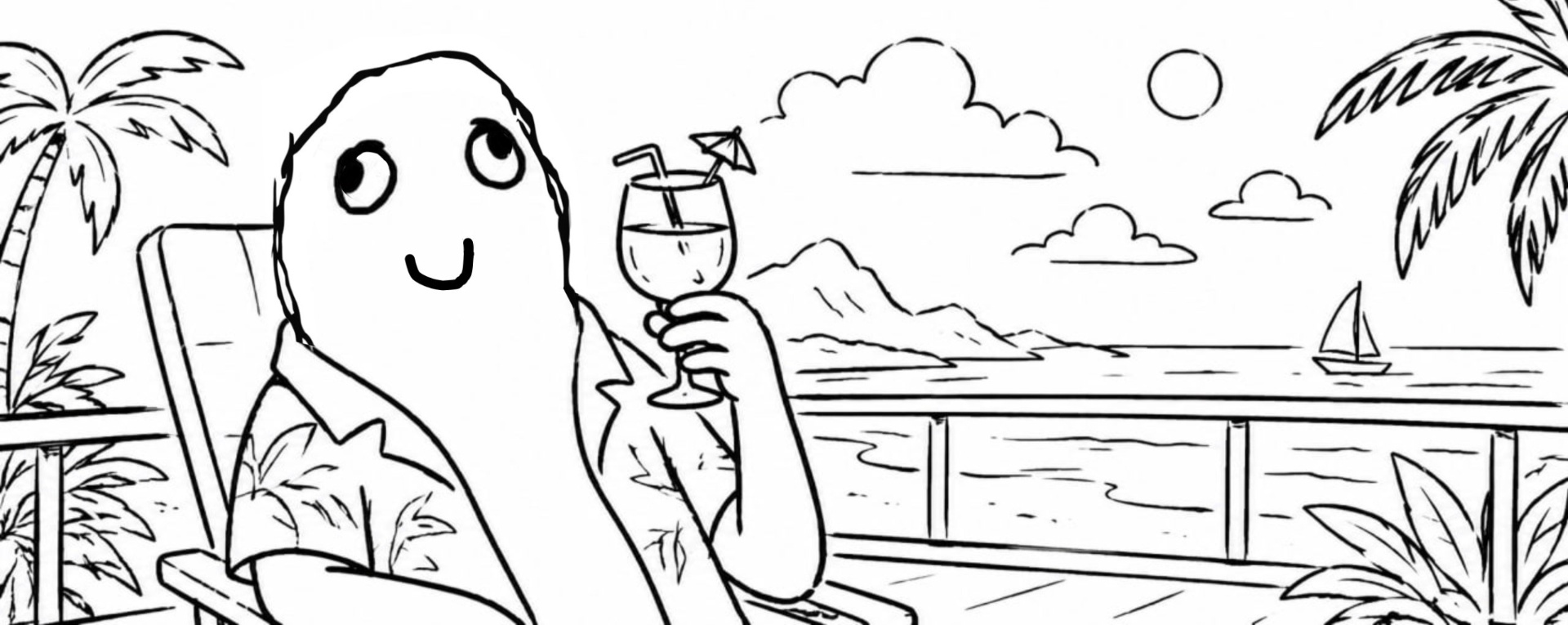 Derp relaxing on a beach with a cocktail, black and white line art banner